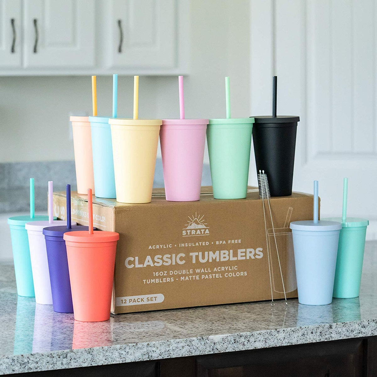  STRATA CUPS Pink Skinny Tumblers with Lids and Straws (4 pack)  - 16oz Matte Pastel Colored Acrylic Tumblers with Lids and Straws, Double  Wall Skinny Tumbler Bulk, Reusable Cup with Straw