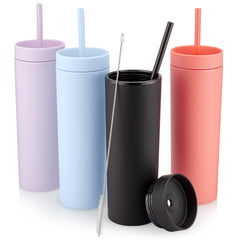 4 Pack 16oz Plastic Skinny Tumblers with Straw and Lid Double Wall